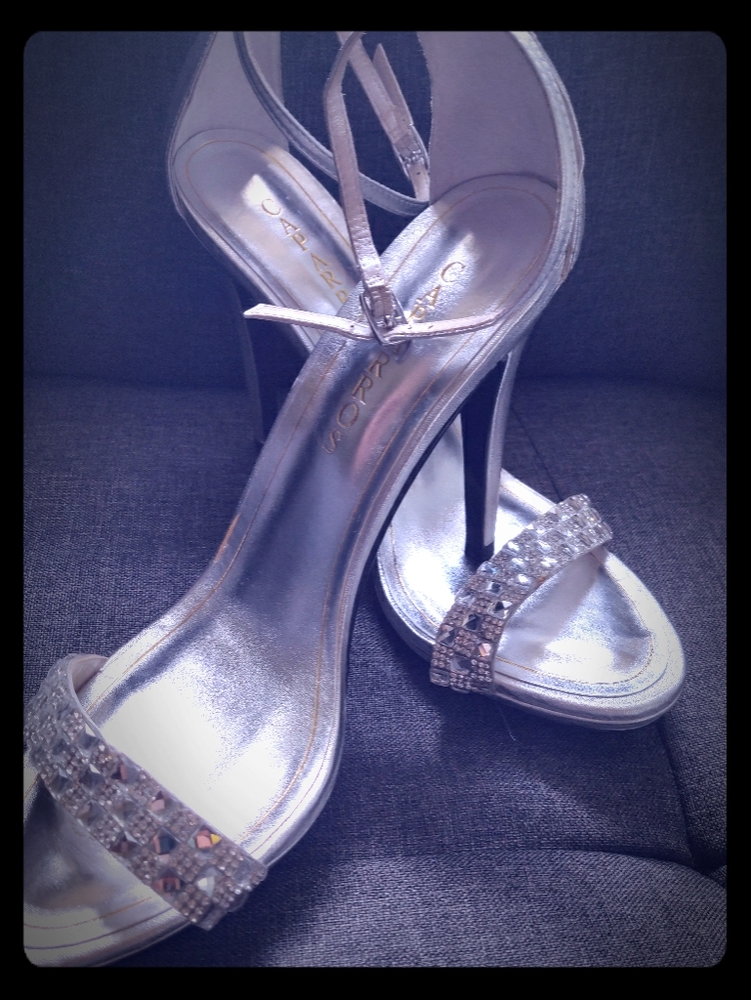 Silver jewel strap heels